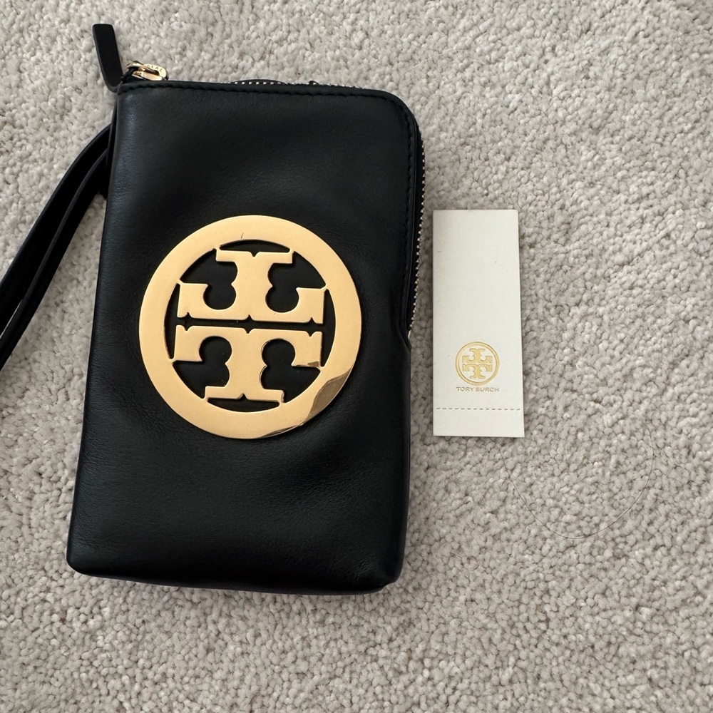 Tory Burch Black Wristlet with Gold Logo
